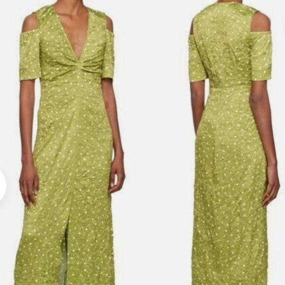 Ganni Dresses & Skirts - GANNI Green Polka Dot Maxi Dress Crinkle Shoulder Cut Out Slit